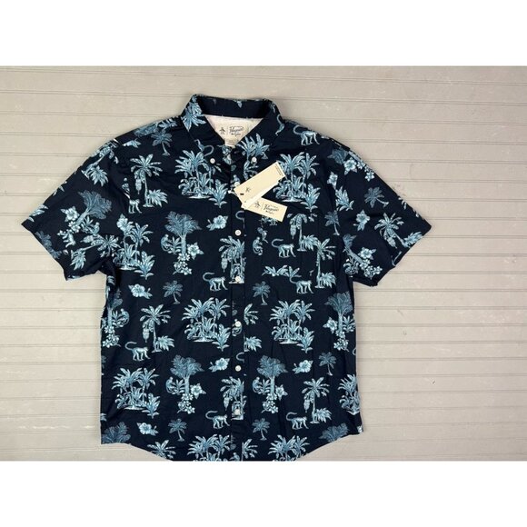 Penguin Size L Mens Shirt Button Up Blue Palm Trees Short Sleeve - Picture 1 of 4